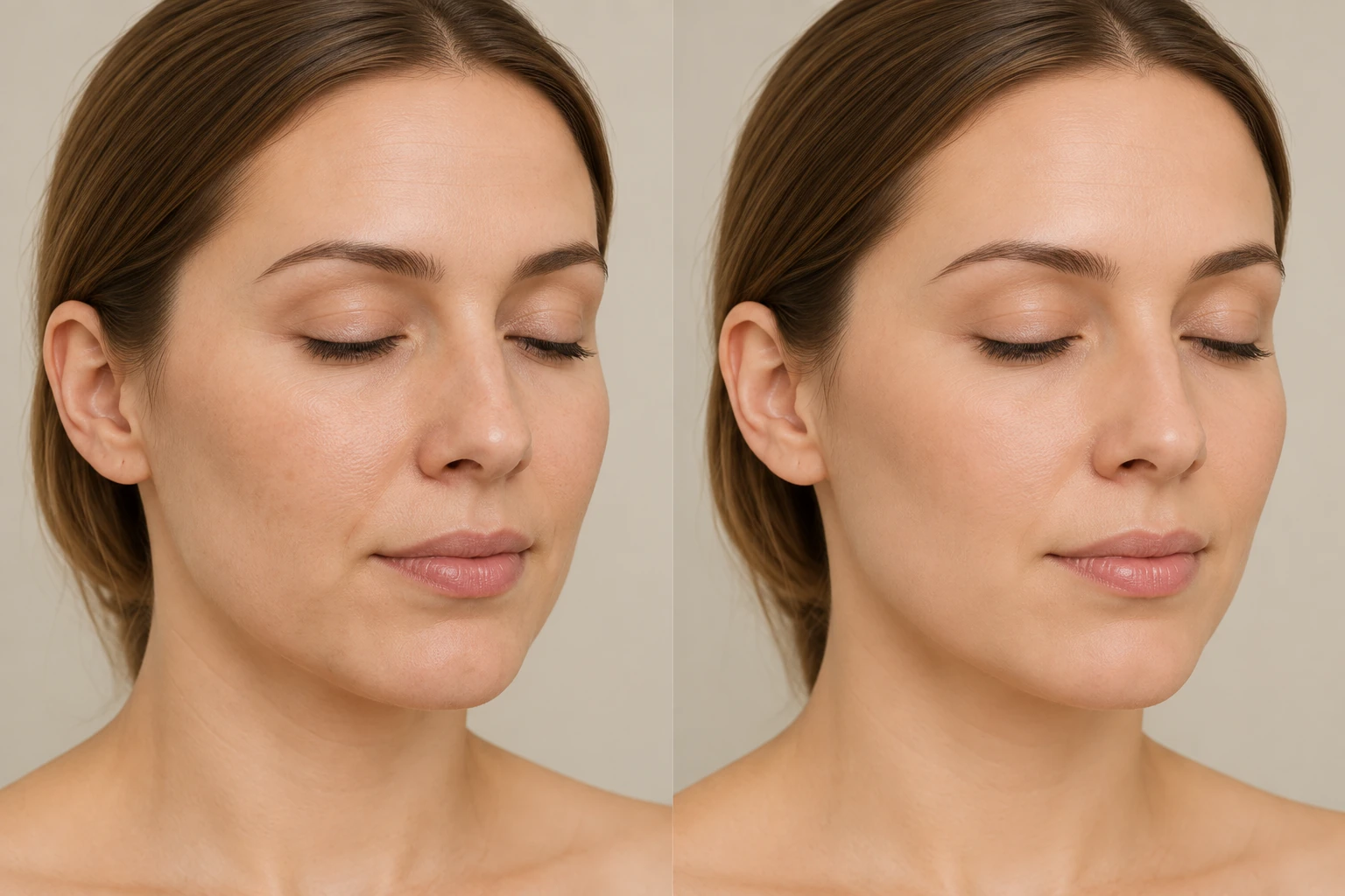 Comparação ilustrativa de antes e depois de um cuidado facial, com duas fotos lado a lado